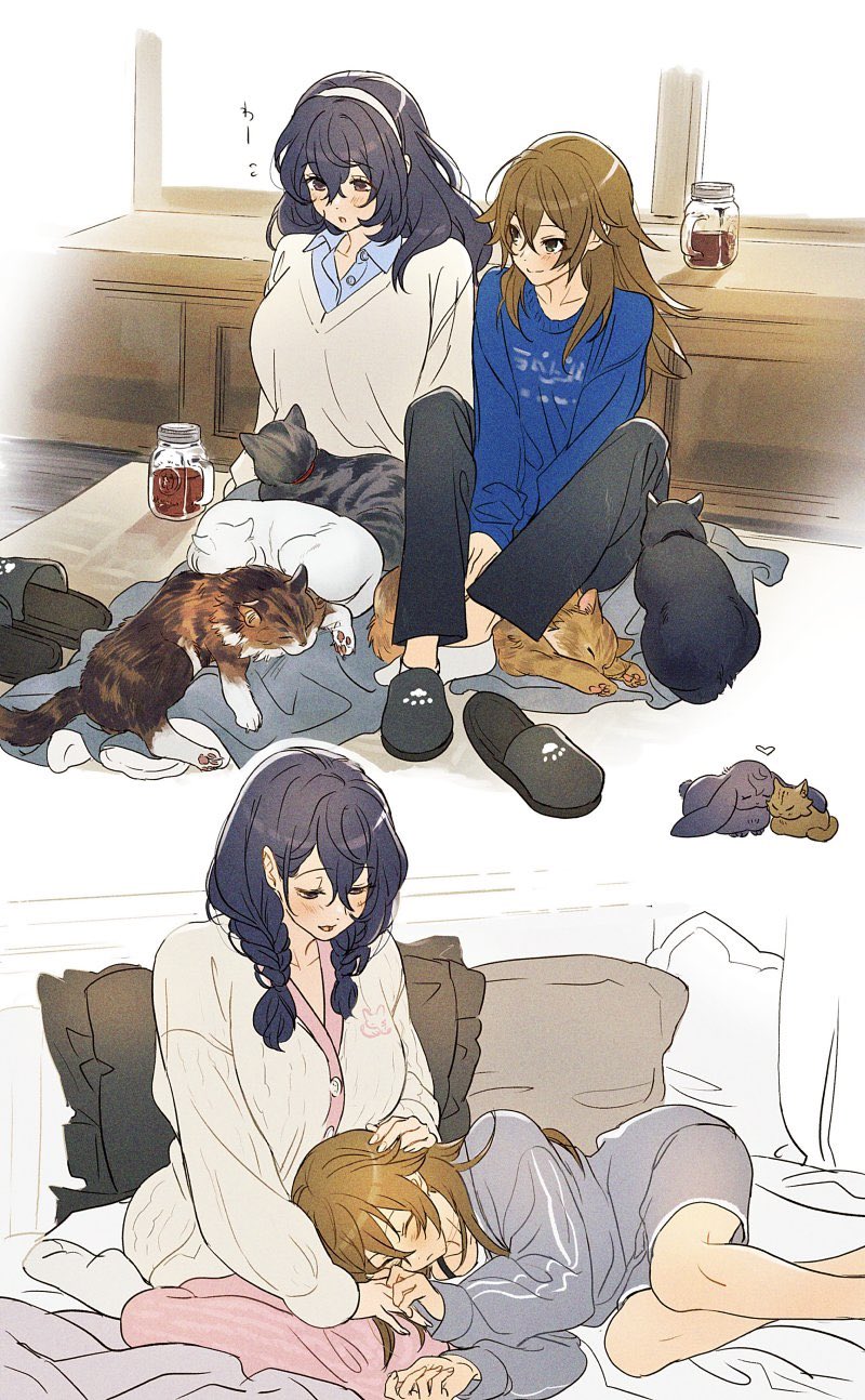 2girls, 404no2929, animal_on_lap, black_cat, black_footwear, black_hair, black_pants, blue_shirt