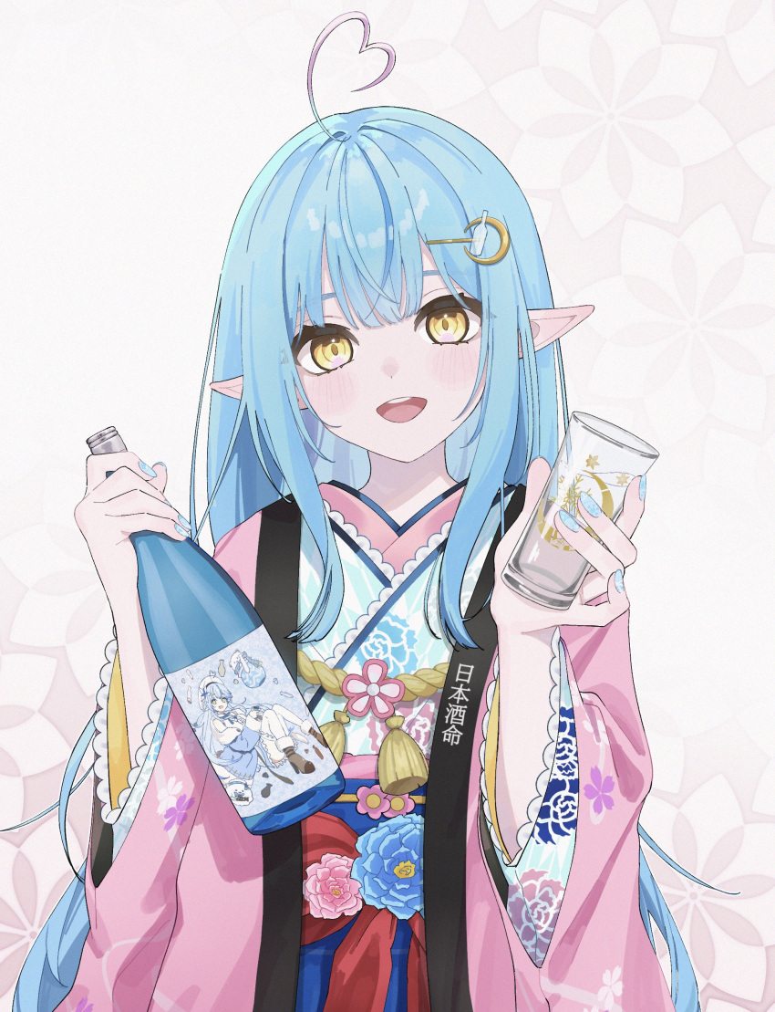 1girl, absurdres, ahoge, alcohol, blue_hair, blue_hakama, blue_kimono, blue_nails