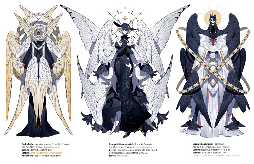 3others, absurdres, angel, angel_wings, biblically_accurate_angel, black_wings, crrn, english_text, feathered_wings, full_body, highres, multiple_halos, multiple_others, original, red_eyes, reference_sheet, simple_background, too_many_wings, white_background, wing_eyes, wings, yellow_wings