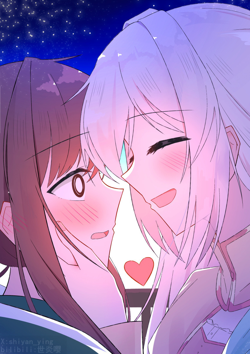 2girls, absurdres, brown_eyes, brown_hair, chinese_commentary, closed_eyes, commentary_request, from_side