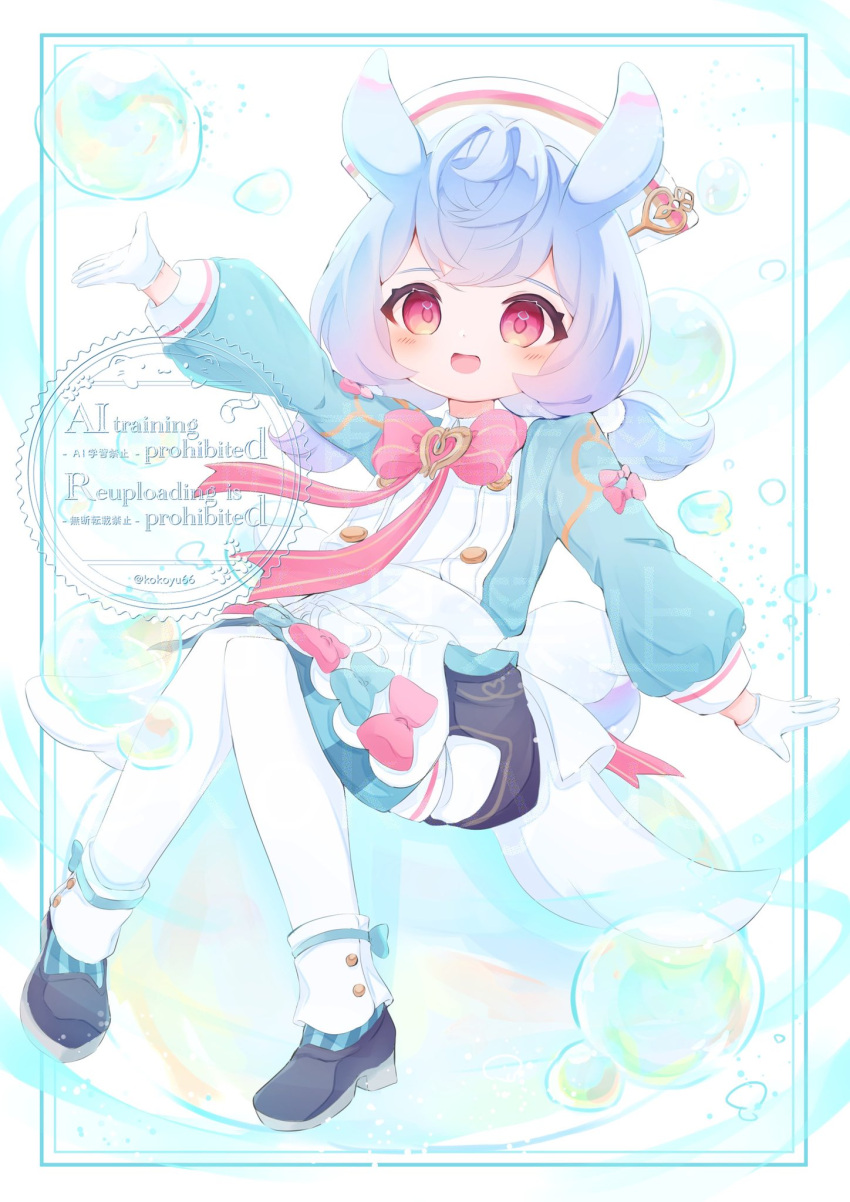 1girl, animal_ears, apron, black_footwear, blue_bow, blue_dress, blue_hair, blush
