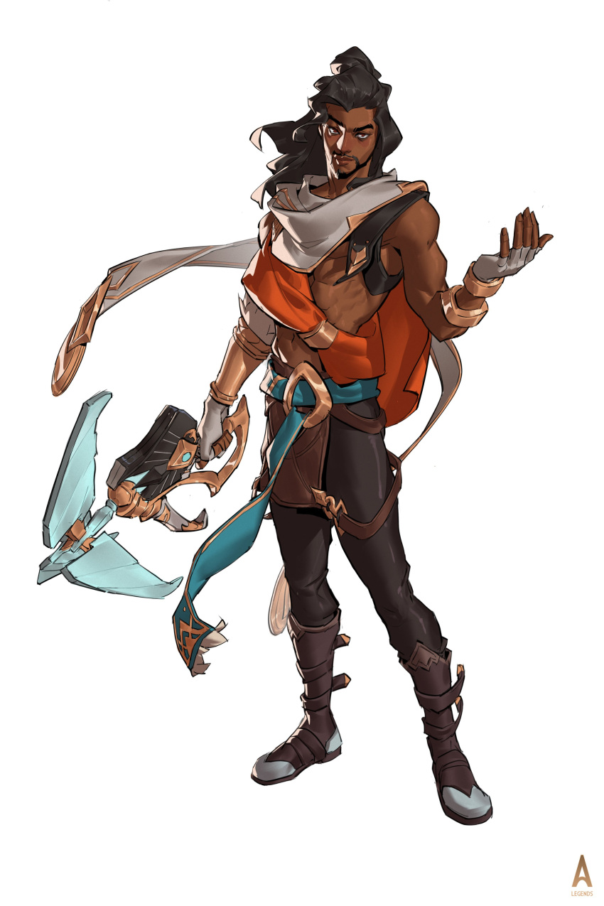 1boy, absurdres, akshan_(league_of_legends), beard, black_hair, boots, cape, dark-skinned_male