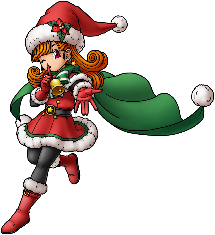 1girl, alena_(dq4), artist_request, bell, belt, black_belt, black_leggings, blunt_bangs, boots, bow, buttons, cape, christmas, curly_hair, double-breasted, dragon_quest, dragon_quest_iv, dragon_quest_tact, dress, earrings, finger_to_mouth, floating_cape, floating_clothes, flower, fur-trimmed_boots, fur-trimmed_dress, fur_trim, gloves, green_bow, green_cape, hat, hat_flower, jewelry, leg_up, leggings, long_hair, looking_at_viewer, neck_bell, official_alternate_costume, official_art, one_eye_closed, orange_hair, pantyhose, reaching, reaching_towards_viewer, red_dress, red_eyes, red_footwear, red_gloves, red_hat, santa_hat, shushing, solo, star_(symbol), star_earrings, striped_bow, third-party_source, transparent_background