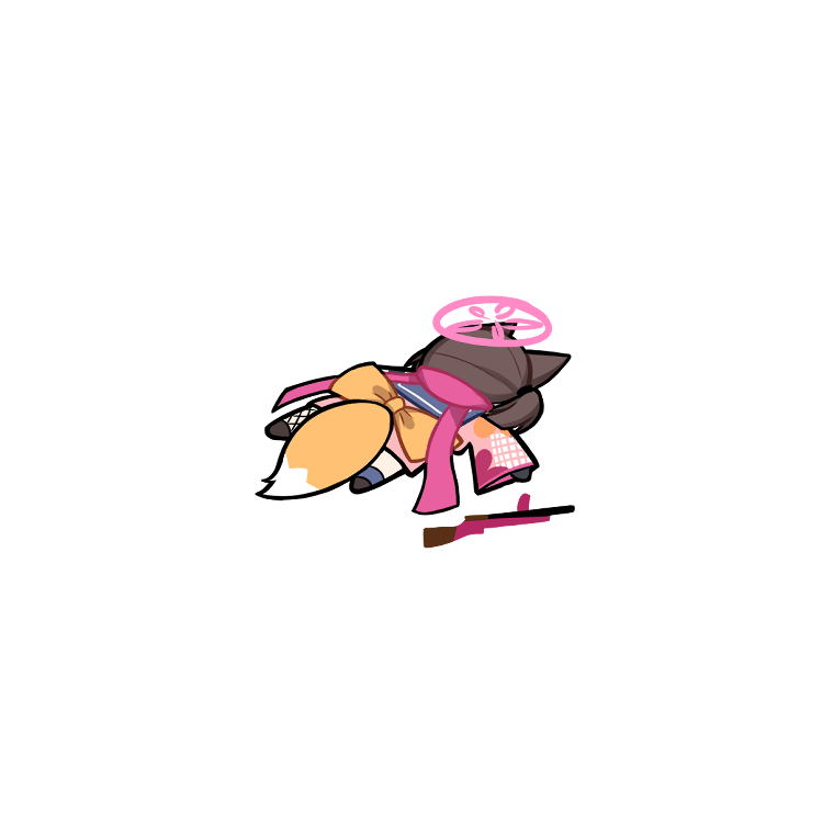 1girl, animal_ears, blue_archive, brown_hair, chibi, face_down, fox_ears, fox_girl, fox_tail, full_body, halo, izuna_(blue_archive), lying, on_stomach, orange_crayon!, pink_halo, pink_scarf, scarf, simple_background, solo, tail, white_background, wide_sleeves