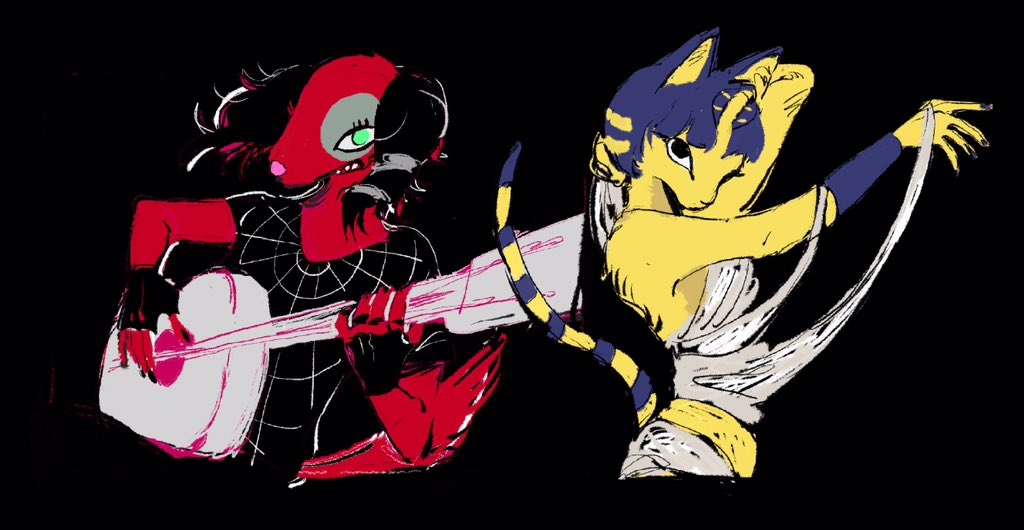 2girls, animal_crossing, ankha_(animal_crossing), arm_behind_head, arm_up, armband, arms_up, black_gloves