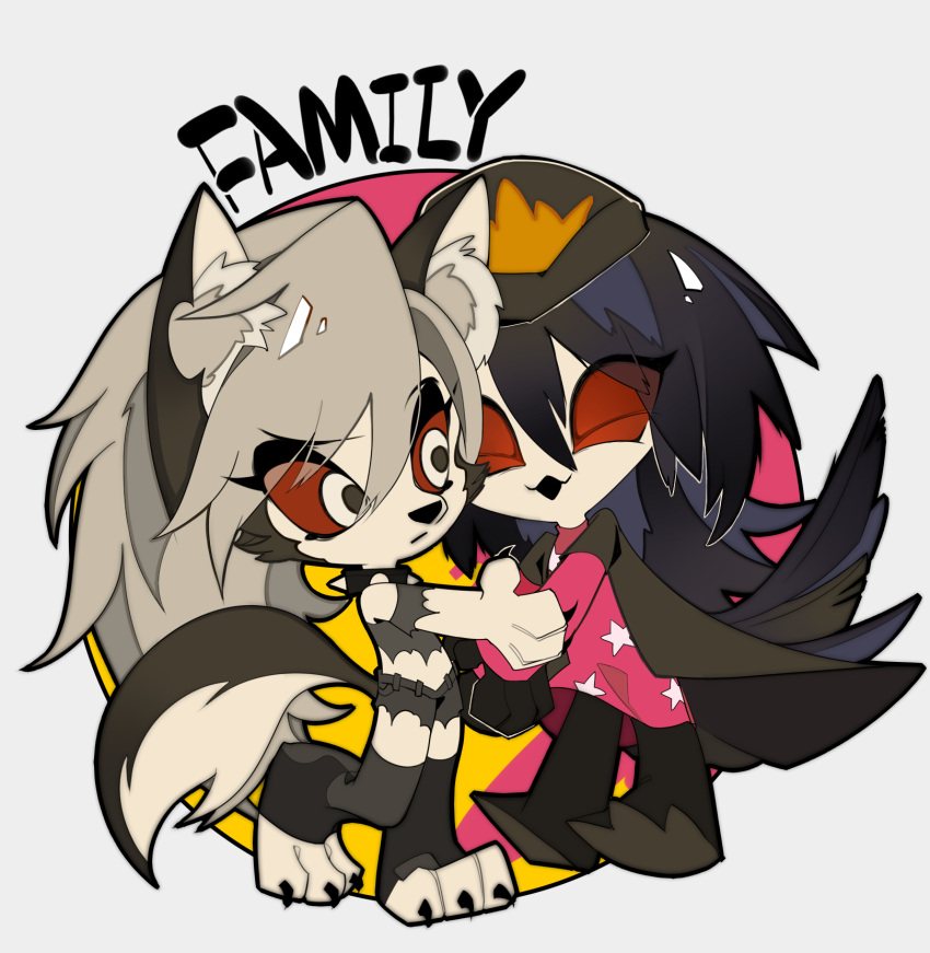 2girls, animal_ears, black_feathers, crop_top, dog_ears, dog_girl, dog_tail, feathers, furry, furry_female, helluva_boss, highres, looking_at_another, loona_(helluva_boss), multiple_girls, octavia_(helluva_boss), owl_girl, red_eyes, shorts, tail, zhu_xing_pupupu