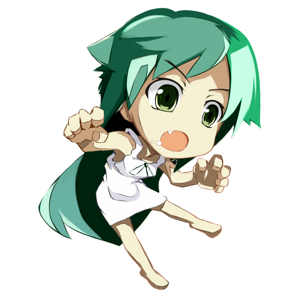 bare_shoulders, chibi, dress, fang, feet, flat_chest, green_eyes, green_hair