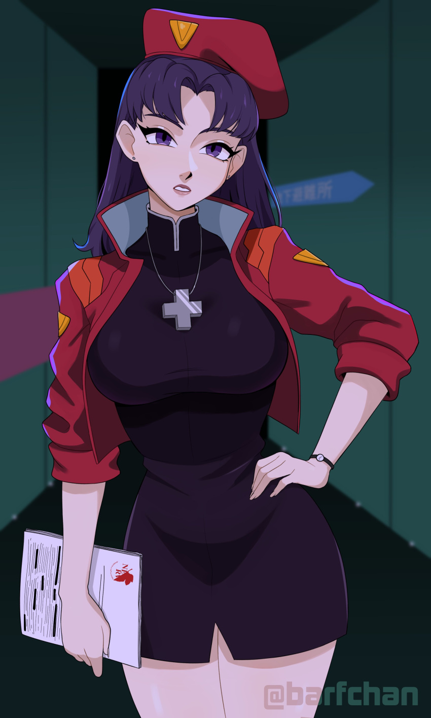 absurdres, barfchan, beret, black_dress, breasts, cowboy_shot, cross, cross_necklace