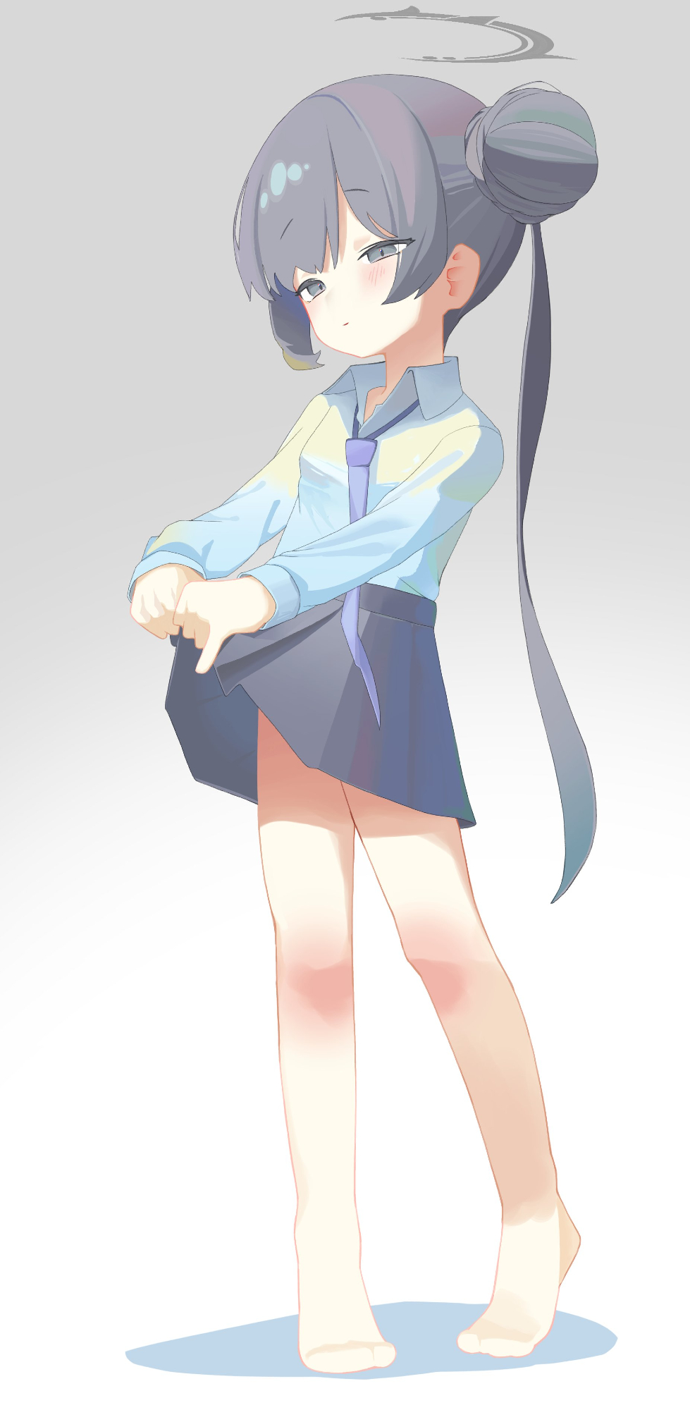 1girl, bare_legs, barefoot, black_hair, blue_archive, blue_necktie, blush, braid