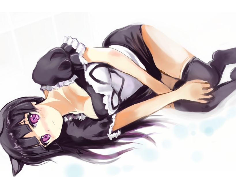 apron, black_hair, black_legwear, black_thighhighs, blush, breasts, gokou_ruri, long_hair, lying, on_back, ore_no_imouto_ga_konna_ni_kawaii_wake_ga_nai, purple_eyes, shiawase_usagi, solo, thigh-highs, thighhighs, violet_eyes