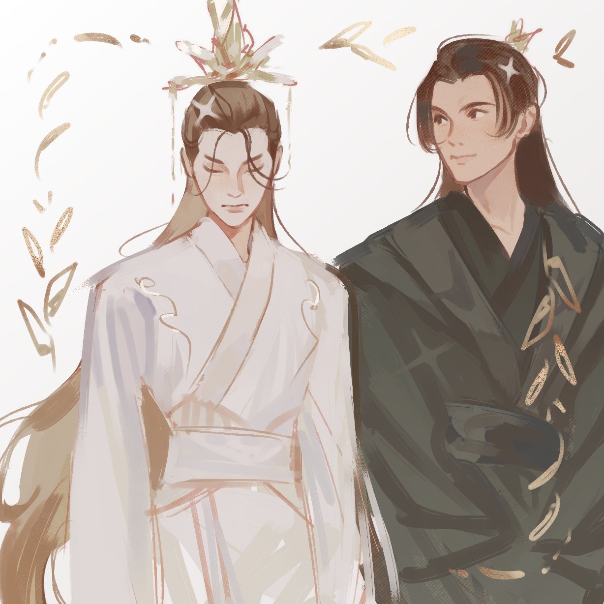 2boys, bishounen, black_eyes, black_hanfu, brown_hair, chinese_clothes, chu_wanning, closed_eyes