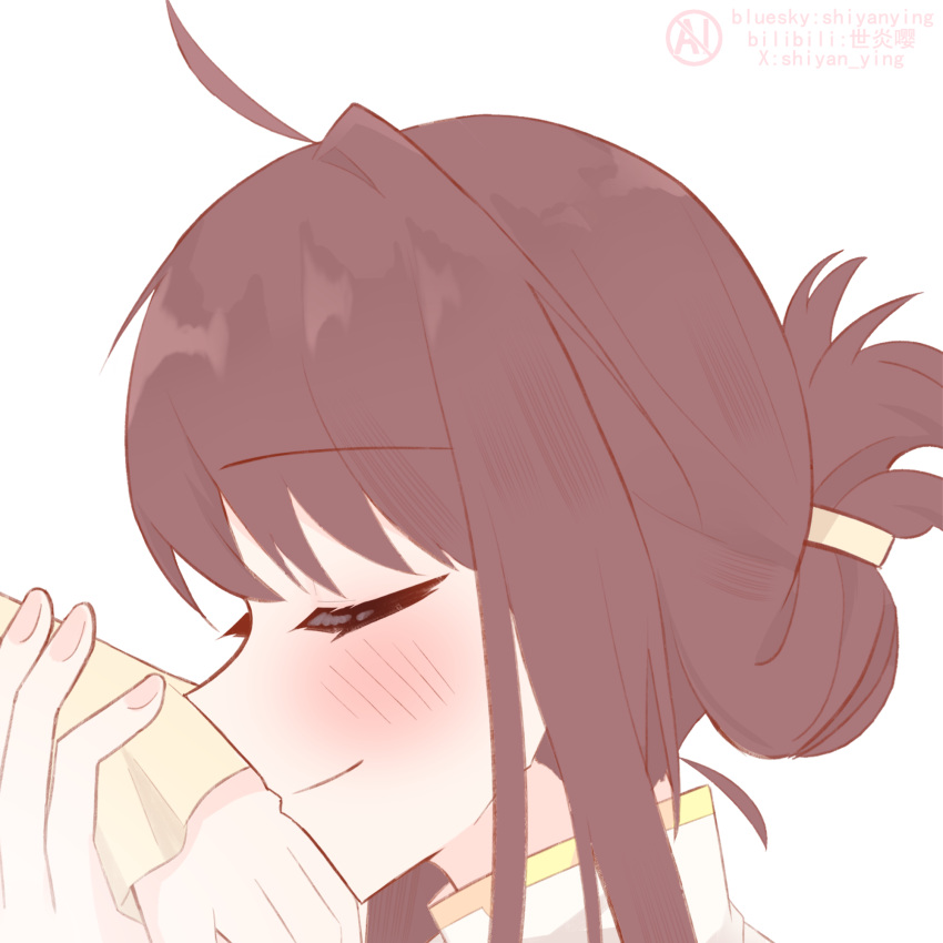 2girls, artist_name, brown_hair, chinese_commentary, closed_eyes, closed_mouth, commentary_request, hair_bun
