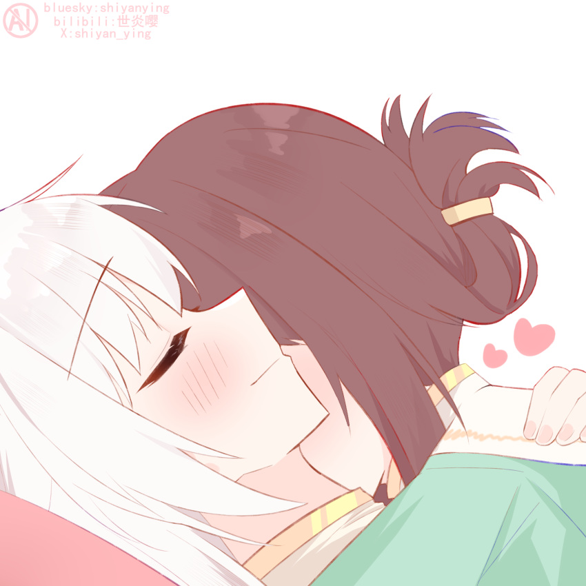 2girls, artist_name, blush, brown_hair, chinese_commentary, closed_eyes, closed_mouth, commentary_request
