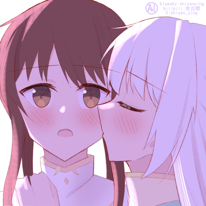2girls, artist_name, blush, brown_eyes, brown_hair, chinese_commentary, closed_eyes, commentary_request