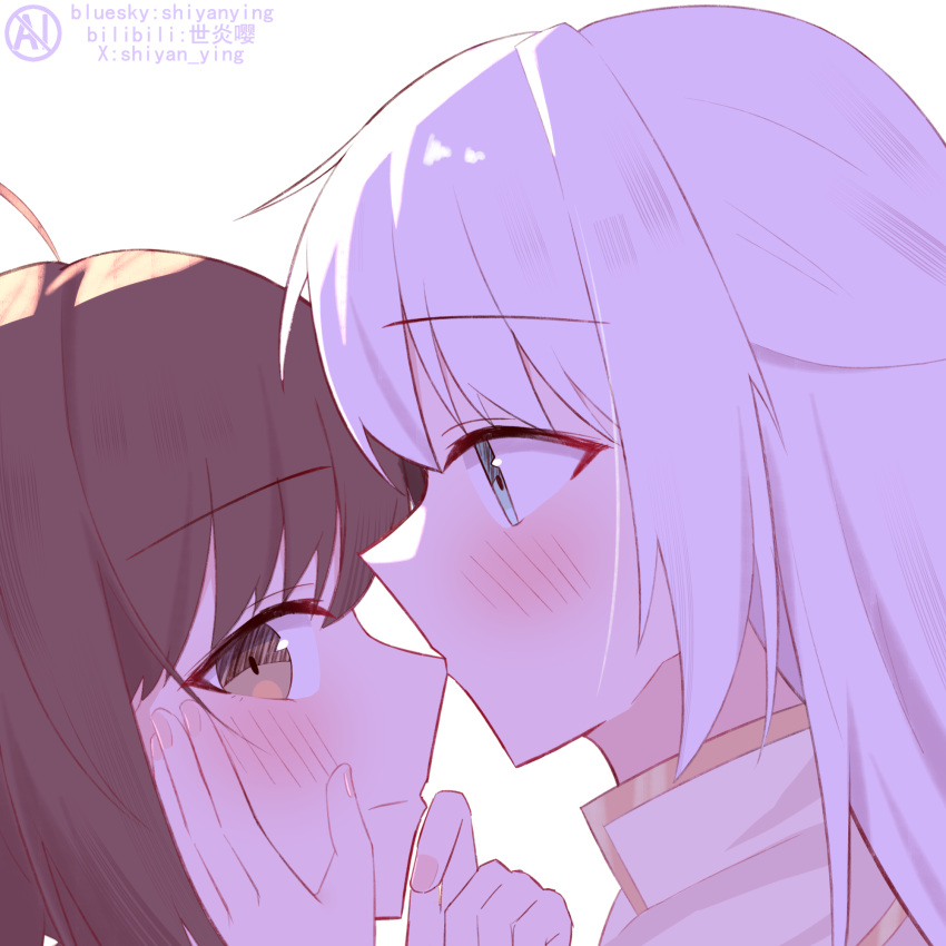 2girls, artist_name, blue_eyes, blush, brown_eyes, brown_hair, chinese_commentary, closed_mouth