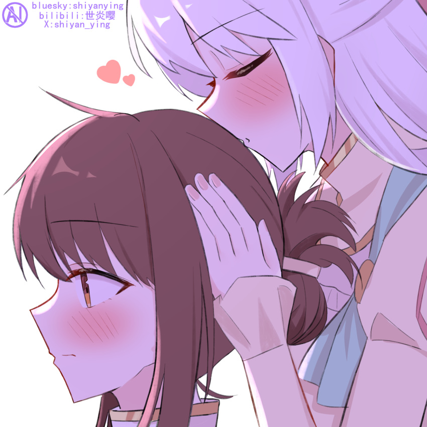 2girls, artist_name, blush, brown_hair, chinese_commentary, closed_eyes, commentary_request, from_side
