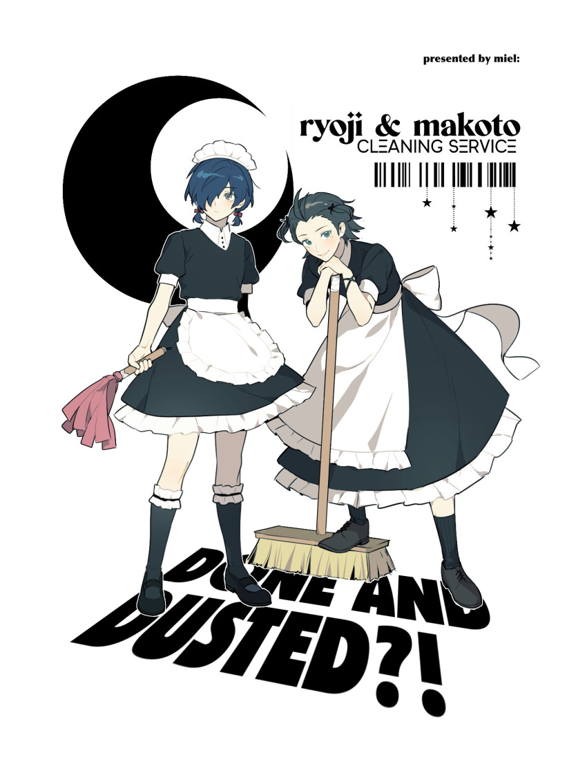 2boys, apron, back_bow, barcode, black_dress, black_footwear, black_hair, black_socks