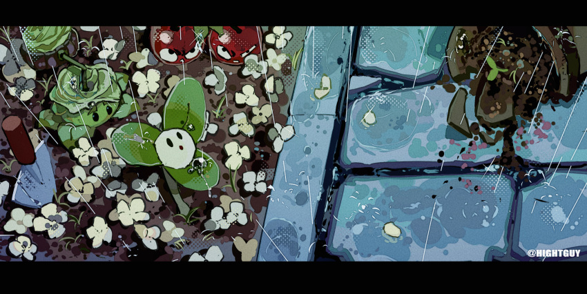 :o, blover_(plants_vs_zombies), cabbage-pult_(plants_vs_zombies), cherry_bomb_(plants_vs_zombies), highres, hightguy, letterboxed, no_humans, pants, plants_vs_zombies, rain, water_drop