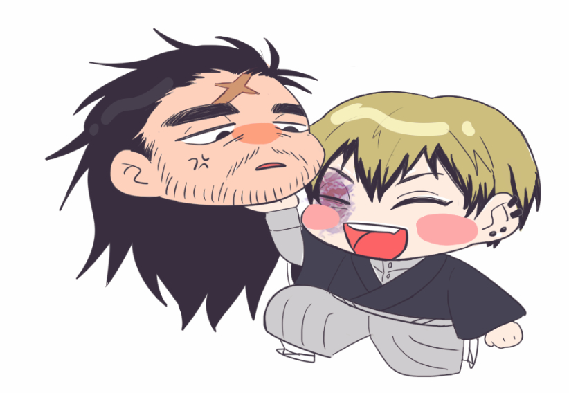anger_vein, annoyed, beard_stubble, black_hair, black_kimono, blush, bruise, bruise_on_face