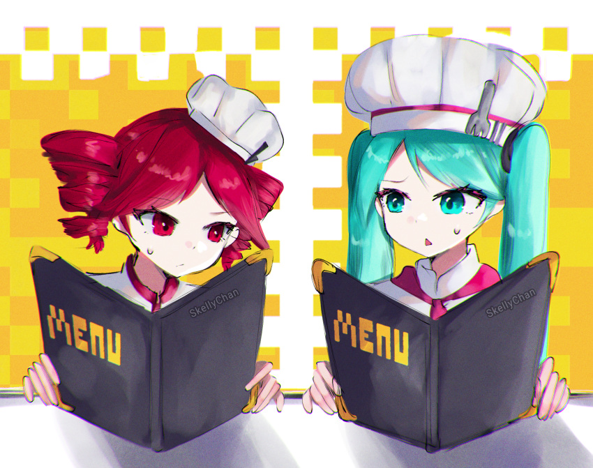 2girls, :<, blue_eyes, blue_hair, commentary, commentary_request, drill_hair, english_commentary