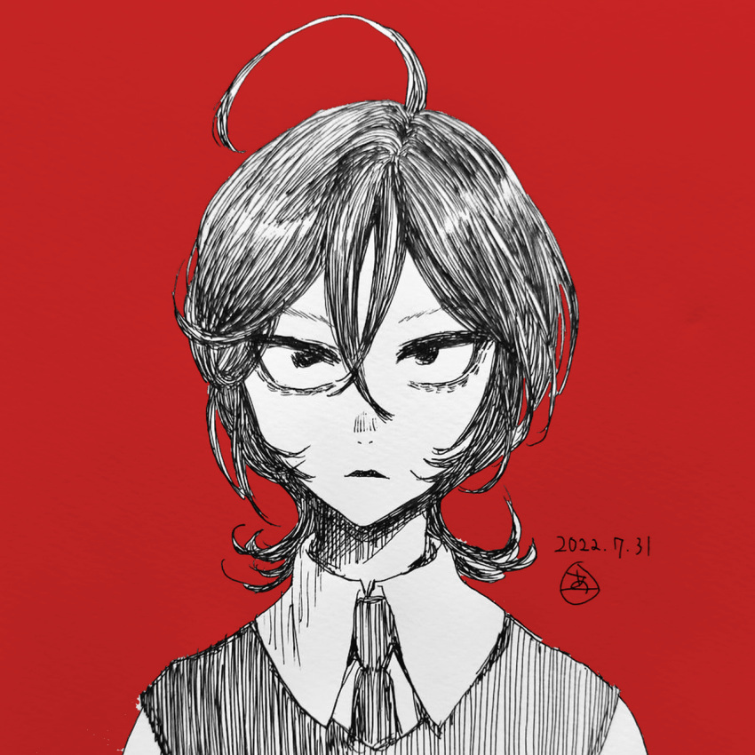 1girl, ahoge, aroe_guruto, collared_shirt, commentary_request, dated, fuyumura_shiori, greyscale_with_colored_background, hair_between_eyes, highres, necktie, red_background, sanda_(itagaki_paru), school_uniform, shirt, simple_background, solo, traditional_media, vest