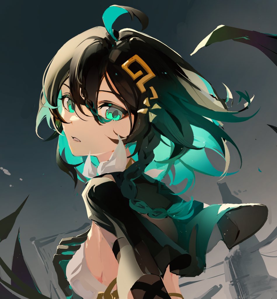 1girl, aqua_eyes, aqua_hair, benghuai_xueyuan, black_capelet, black_hair, braid, capelet, chinese_commentary, colored_inner_hair, commentary, floating_hair, gradient_hair, honkai_(series), looking_at_viewer, medium_hair, multicolored_hair, parted_lips, portrait, qingqingxiaoo, side_braid, solo, two-tone_hair, wendy_(honkai_impact)