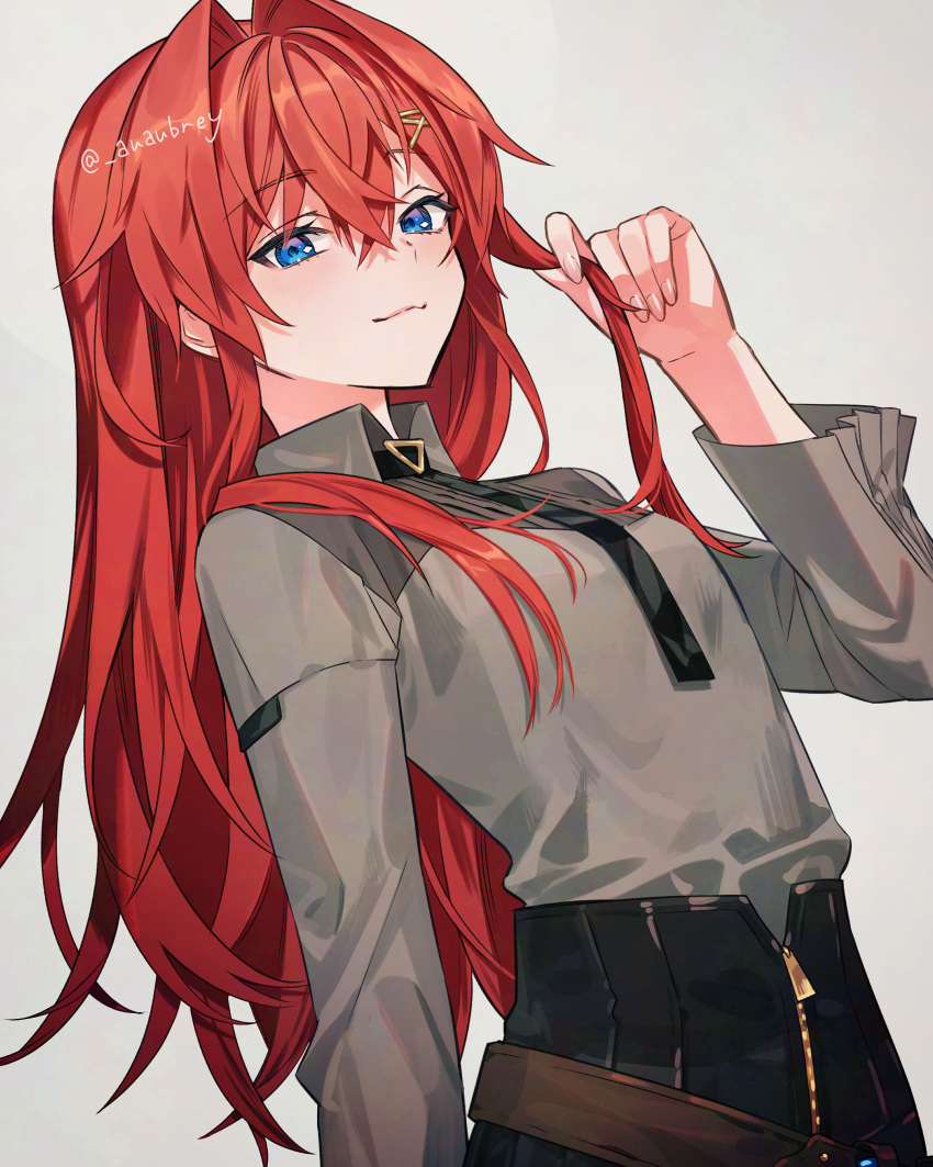 1girl, absurdres, ange_katrina, ange_katrina_(4th_costume), belt, blue_eyes, brown_belt, grey_shirt, grey_skirt, hair_ornament, hairpin, high-waist_skirt, highres, holding, holding_own_hair, kyarairo, long_hair, long_sleeves, looking_at_viewer, nijisanji, official_alternate_costume, official_alternate_hairstyle, pleated_skirt, redhead, shirt, shirt_tucked_in, simple_background, skirt, solo, virtual_youtuber, white_background