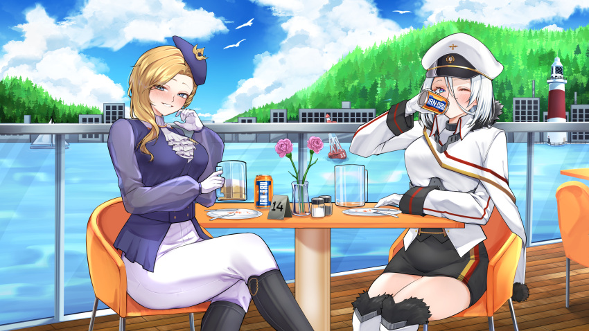 2girls, absurdres, azur_lane, beer_glass, black_footwear, blonde_hair, blue_eyes, blue_hat, blue_jacket, blue_sky, blush, boat, boots, breasts, building, buoy, can, cape, chair, dress, drunk, earrings, fork, fur-trimmed_boots, fur-trimmed_cape, fur_trim, gloves, grin, hair_between_eyes, hat, highres, holding, holding_can, hood_(azur_lane), irn-bru, jacket, jewelry, kghazir, lighthouse, long_hair, long_sleeves, looking_at_viewer, military_uniform, multiple_girls, ocean, one_eye_closed, pants, peaked_cap, plate, riding_boots, riding_outfit, sailboat, short_hair, sitting, sky, smile, spoon, table, tanaka_atsuko, tirpitz_(azur_lane), voice_actor_connection, watercraft, white_cape, white_footwear, white_gloves, white_hair, white_hat, white_pants