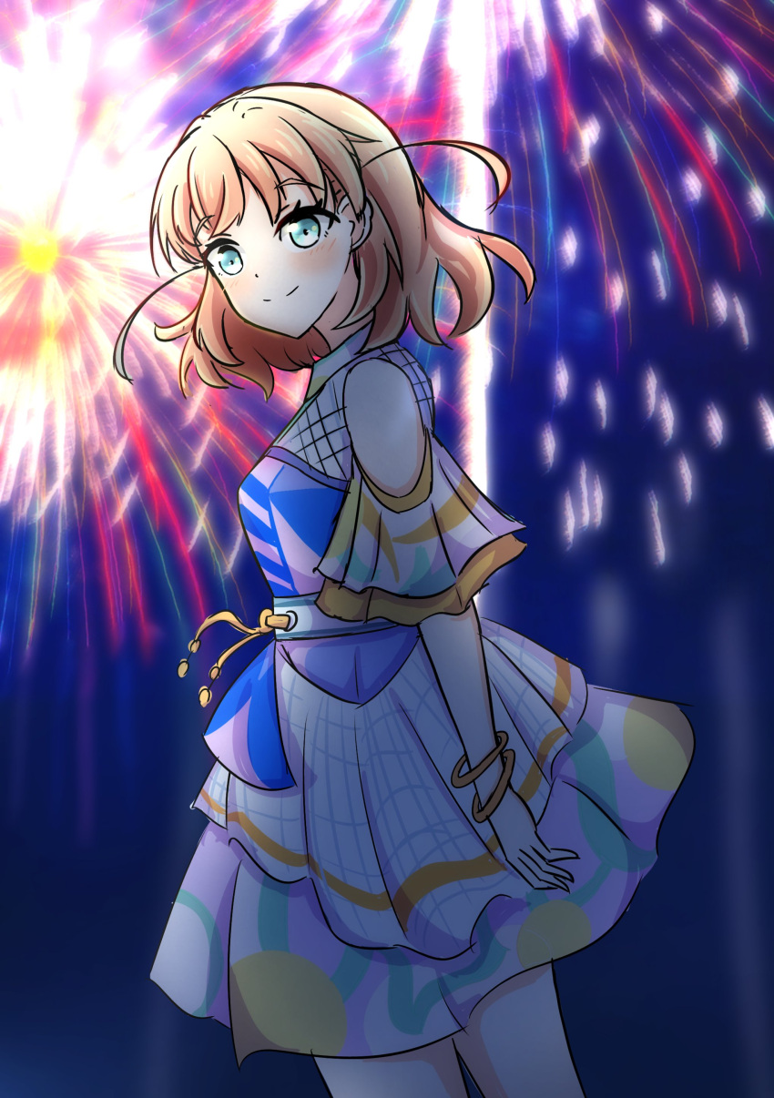 1girl, absurdres, aerial_fireworks, aqua_eyes, blue_dress, blush, breasts, closed_mouth