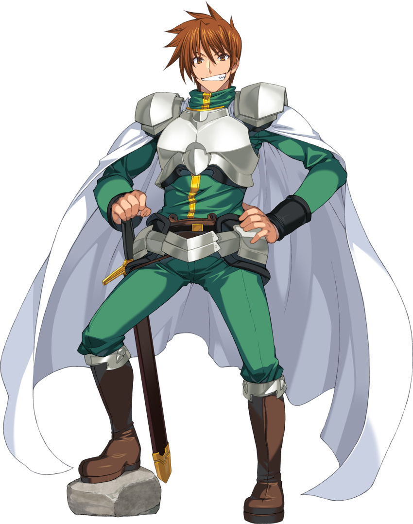 1boy, armor, breastplate, brown_eyes, brown_footwear, brown_hair, cape, green_pants