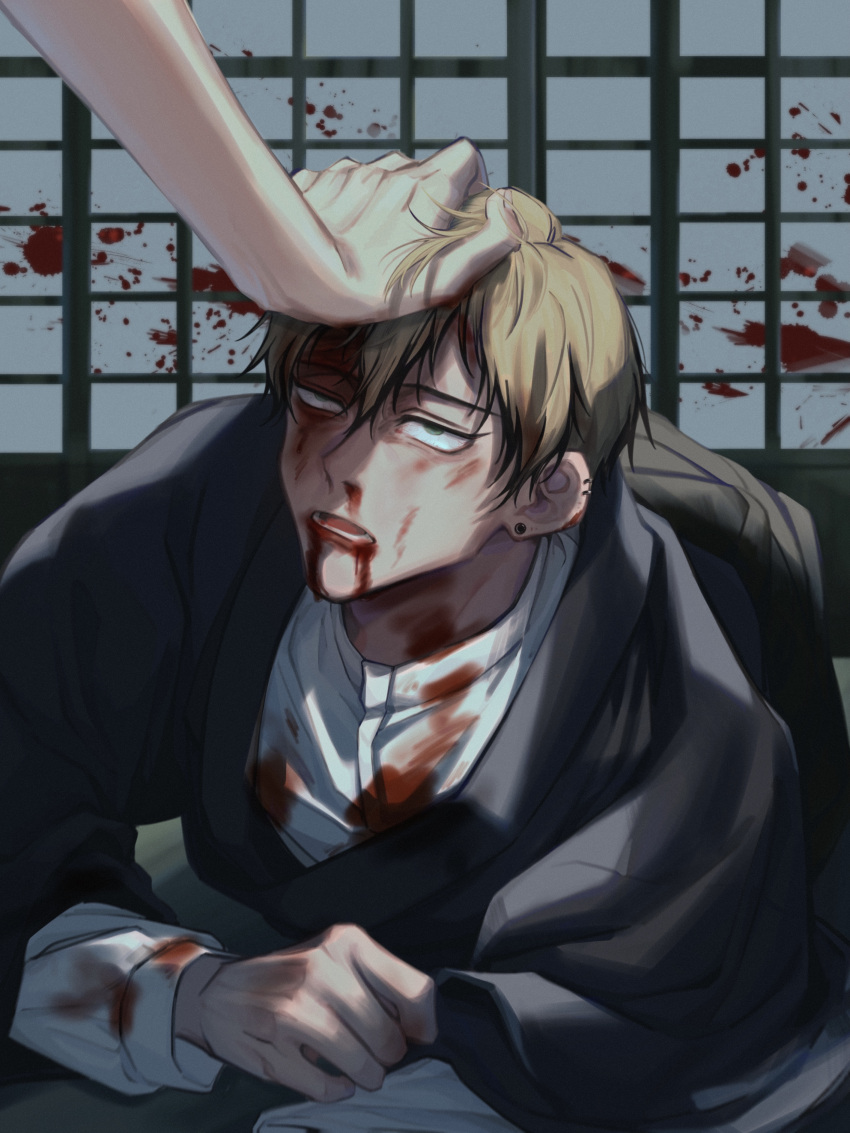 1boy, 1other, 759671819, absurdres, black_hair, black_kimono, blonde_hair, blood, blood_in_hair, blood_on_arm, blood_on_clothes, blood_on_face, blood_splatter, blood_stain, colored_tips, earrings, grabbing_another's_hair, hakama, highres, implied_injury, japanese_clothes, jewelry, jujutsu_kaisen, kimono, long_sleeves, male_focus, multicolored_hair, nosebleed, on_ground, pants, shirt, short_hair, zen'in_naoya