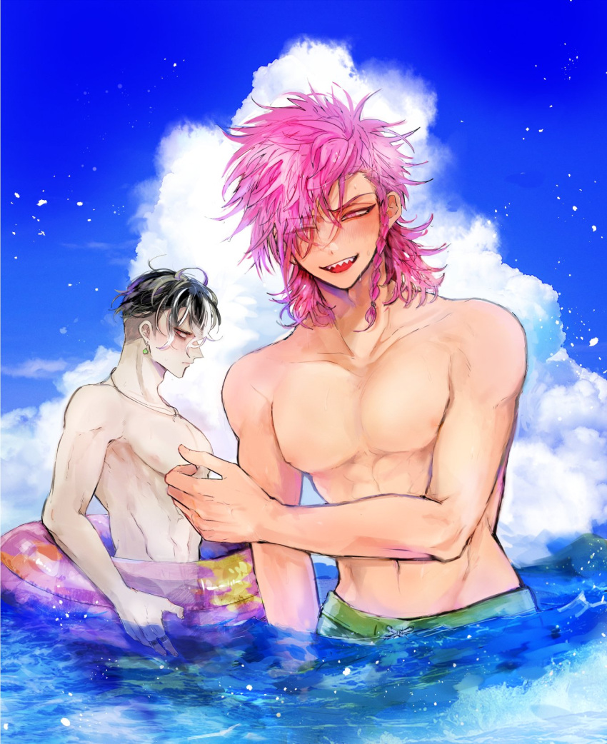 2boys, abs, arm_up, black_hair, blue_sky, braid, closed_mouth, clouds, collarbone, commentary, danganronpa_(series), danganronpa_2:_goodbye_despair, grey_hair, groin, hair_behind_ear, hair_over_one_eye, highres, holding, holding_swim_ring, innertube, jewelry, joonoyuki, looking_ahead, looking_to_the_side, male_focus, male_swimwear, multicolored_hair, multiple_boys, navel, necklace, nipples, ocean, one_eye_closed, open_mouth, partially_submerged, pectorals, pink_eyes, pink_hair, sharp_teeth, side_braid, sideways_glance, single_braid, sky, soda_kazuichi, streaked_hair, swim_ring, swim_trunks, symbol-only_commentary, tanaka_gundham, teeth, tongue, topless_male, upper_teeth_only, water, wet, wet_hair