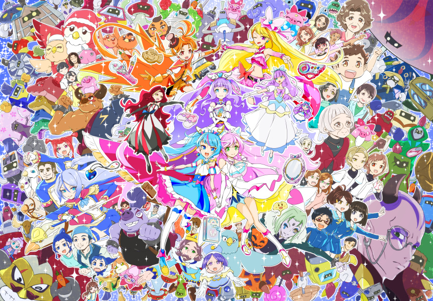 6+boys, 6+girls, amano_shouko, apron, ariri_(precure), ball, baseball_(object), baseball_uniform, battamonda, beard, beryberie, bird, black_hair, blonde_hair, blue_cape, blue_eyes, blue_hair, blue_skirt, bow, brown_eyes, brown_hair, cape, character_request, commentary_request, crown, cure_butterfly, cure_majesty, cure_prism, cure_sky, cure_wing, dragon, ear_piercing, ellee-chan, emperor_undergu, empress_undergu, everyone, facial_hair, fingerless_gloves, food, footwear_bow, glasses, gloves, green_eyes, green_hair, grey_hair, hair_ornament, hat, highres, hijiri_ageha, hirogaru_sky!_precure, holding, holding_ball, holding_hands, holding_sword, holding_weapon, horns, japanese_clothes, kabaton_(precure), kako_(precure), karuizawa_asahi, marron_(hirogaru_sky!_precure), minoton_(precure), miyata_midori, monocle, multiple_boys, multiple_girls, mustache, nakata_tsumugi, natsumi_(hirogaru_sky!_precure), navel, necktie, nijigaoka_akira, nijigaoka_mahiru, nijigaoka_mashiro, nijigaoka_yoyo, noriccho!, one_eye_closed, open_mouth, orange_gloves, orange_hair, osanai_takeru, ougi_kaname_(precure), overalls, piercing, pink_hair, pinkton_(precure), precure, princess_ellerein, purple_hair, ranborg, red-framed_eyewear, red_cape, red_harewataru, redhead, remi_harewataru, riho_(hirogaru_sky!_precure), sailor_collar, santa_hat, saotome_kaguya, saotome_maria_(precure), school_uniform, shalala_(precure), shido_harewataru, shinomiya_tamaki, skearhead, skirt, sky_land's_king, sky_land's_queen, smile, sora_harewataru, sorashido_academy_school_uniform, sportswear, sword, tasan, violet_eyes, weapon, white_gloves, yoshii_rui, yuunagi_kakeru, yuunagi_puwa, yuunagi_tsubasa, zoukibayashi_osamu