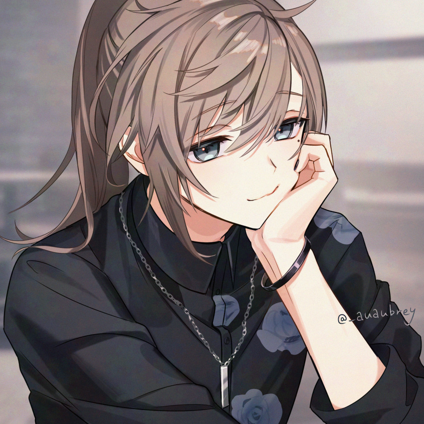 1boy, artist_name, black_nails, black_shirt, blue_eyes, bracelet, close-up, closed_mouth