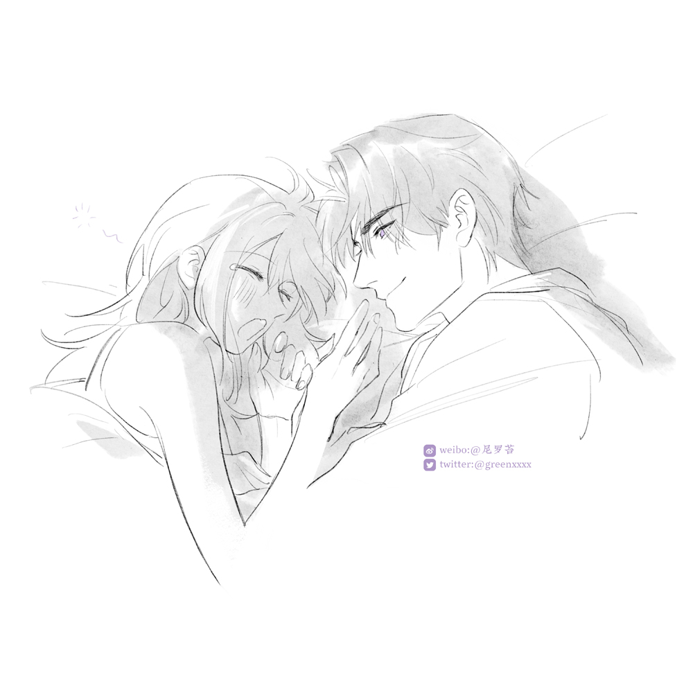 1boy, 1girl, blanket, charlie_su, closed_eyes, closed_mouth, couple, eyelashes