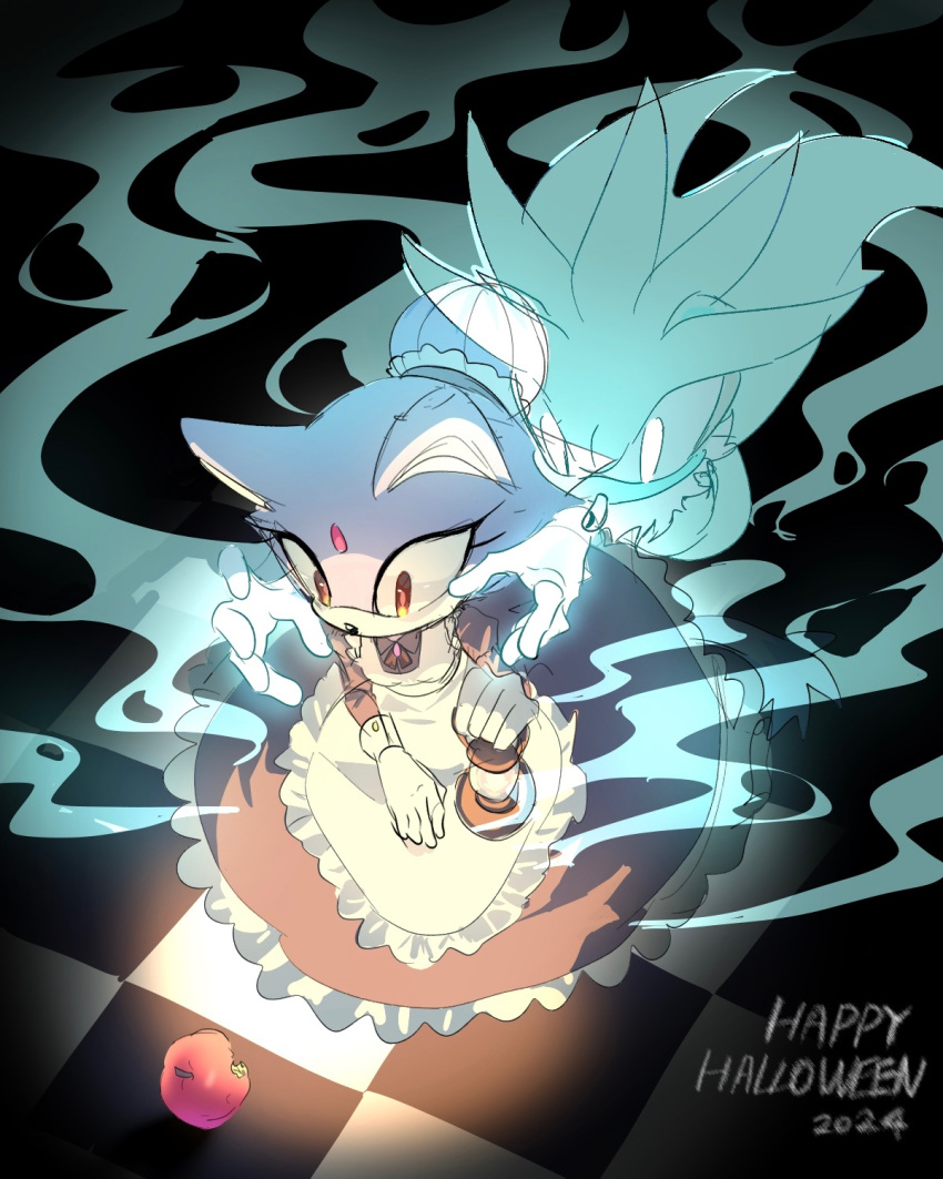 1boy, 1girl, animal_ears, animal_nose, apple, apron, black_background, black_dress, black_footwear, blaze_the_cat, blaze_the_cat_(maid), cat_ears, cat_girl, cat_tail, checkered_floor, chest_fur, cookiecream_00, dress, food, forehead_jewel, fruit, furry, furry_female, furry_male, ghost, gloves, hair_bun, happy_halloween, highres, looking_at_another, maid, official_alternate_costume, purple_fur, silver_the_hedgehog, sitting, sonic_(series), sonic_speed_simulator, tail, white_apron, white_gloves, yellow_eyes