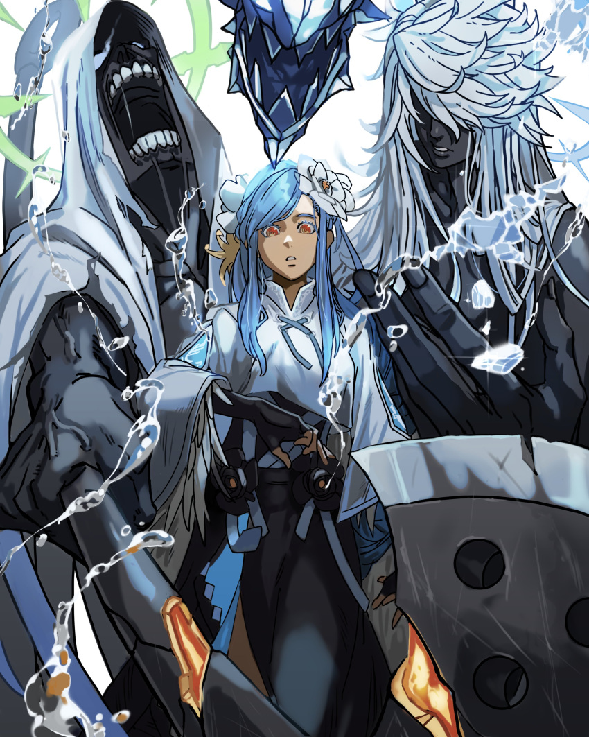 absurdres, angel_wings, axe, black_dress, black_flower, blue_hair, braid, braided_ponytail, chriscas, crop_top, dizzy_(guilty_gear), dress, fingerless_gloves, fire, flower, front_slit, gloves, guilty_gear, guilty_gear_strive, hair_flower, hair_ornament, halo, highres, holding, holding_axe, holding_weapon, ice, long_hair, long_skirt, looking_at_viewer, necro_(guilty_gear), open_mouth, queen_dizzy, red_eyes, sidelocks, simple_background, skirt, spiked_halo, swept_bangs, undine_(guilty_gear), water, weapon, white_background, white_flower, wings, yellow_flower