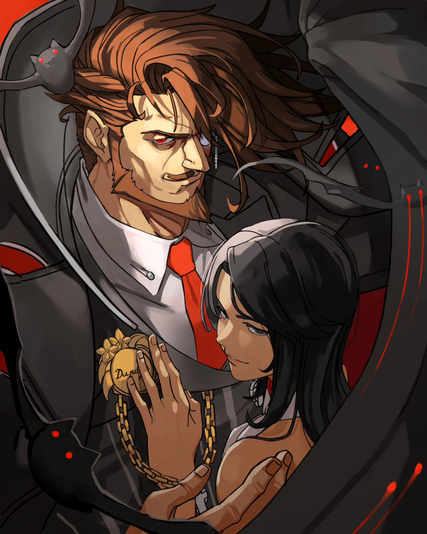 1boy, 1girl, bat_(animal), beard, black_eyes, black_hair, black_jacket, brown_hair