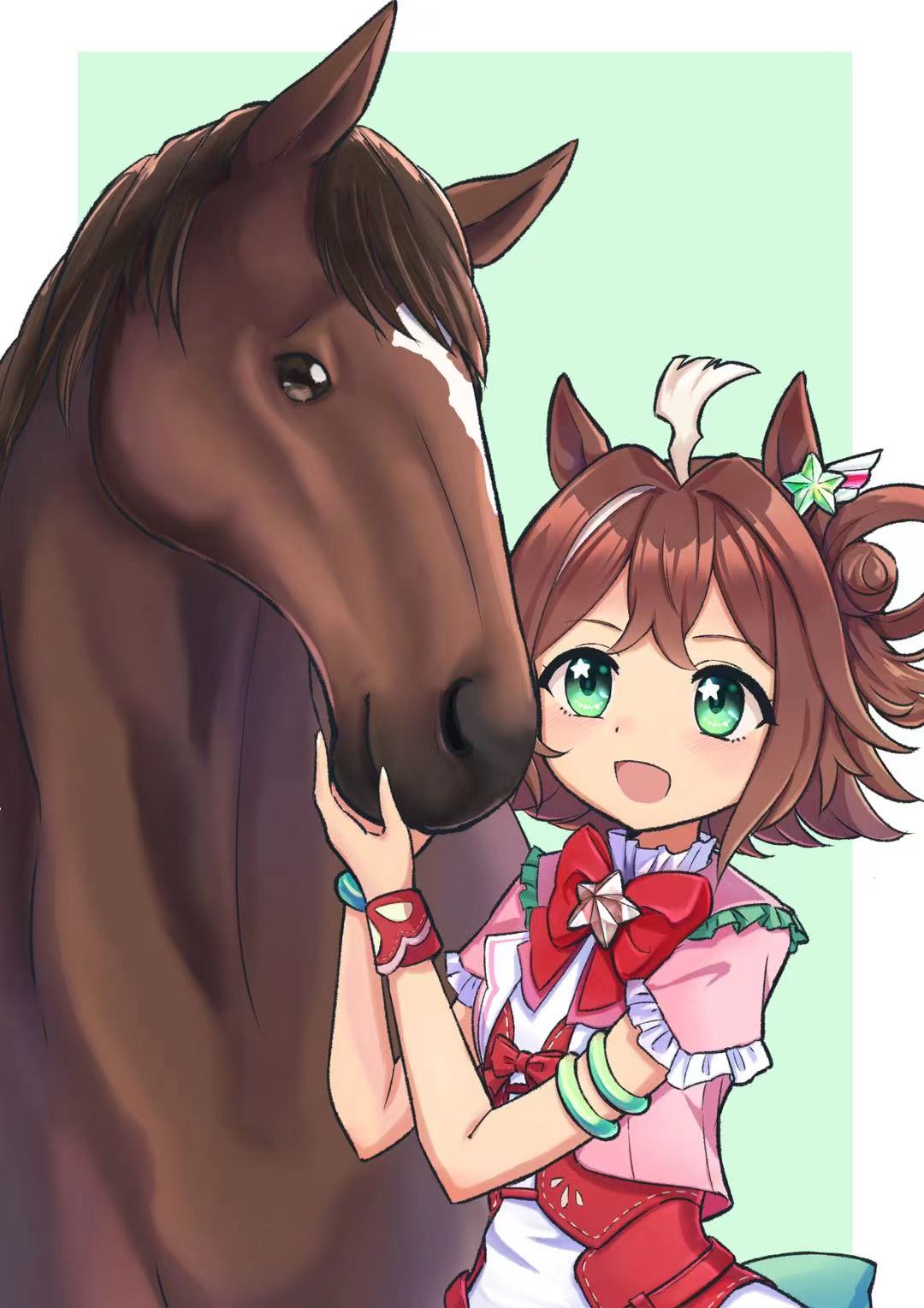 1girl, ahoge, animal_ears, blush, breasts, brown_hair, creature_and_personification, green_eyes