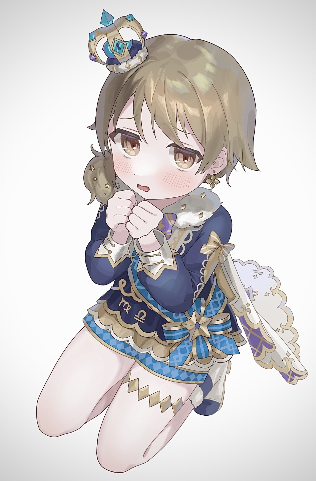1girl, bare_legs, blue_shirt, blush, brown_eyes, clenched_hands, cloak, crown