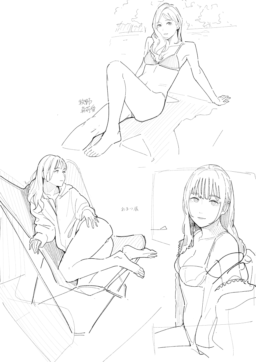 1girl, arm_support, ass, bikini, bra, breasts, chair, collage, feet, greyscale, highres, jacket, leaning_back, lineart, long_hair, looking_at_viewer, medium_breasts, monochrome, norakura_(nr_kura), on_bed, on_chair, original, panties, sitting, sketch, solo, swimsuit, underwear, yokozuwari
