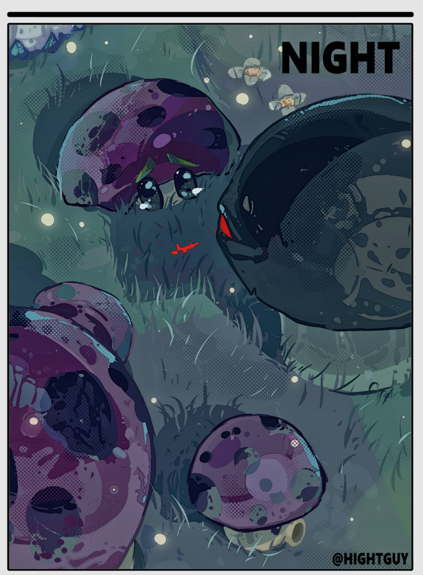 doom-shroom_(plants_vs_zombies), fume-shroom_(plants_vs_zombies), grass, highres, hightguy, night, no_humans, plant