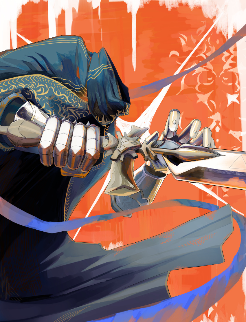 1boy, a_knight_(reverse:1999), absurdres, blue_cape, cape, commentary_request, diffraction_spikes, disembodied_hand