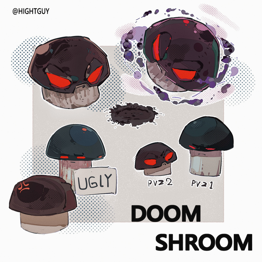 anger_vein, border, doom-shroom_(plants_vs_zombies), highres, hightguy, no_humans, plant, plants_vs_zombies, red_eyes, white_border