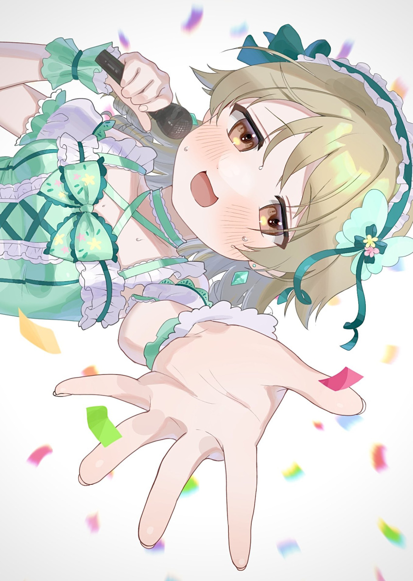 1girl, aqua_bow, aqua_choker, aqua_dress, blurry, blush, bow, breasts