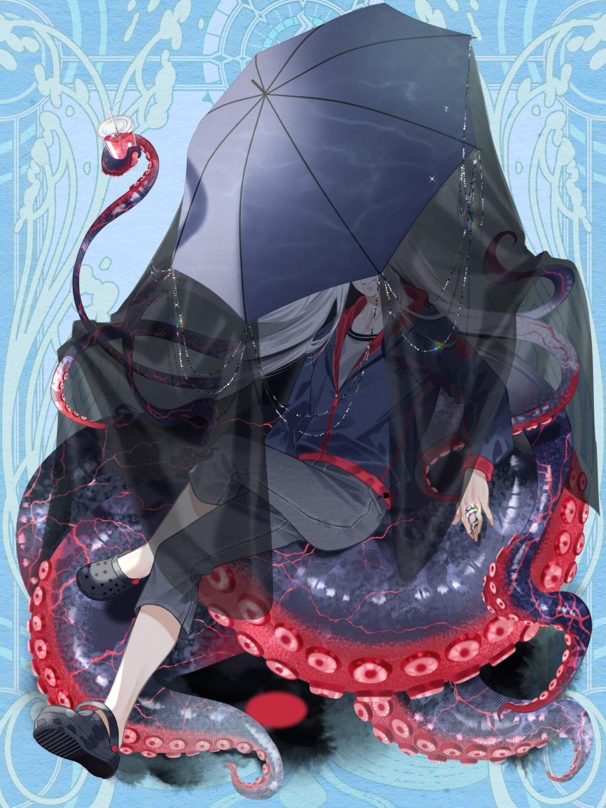 1boy, akedori_ouma, black_footwear, blue_background, covered_eyes, crocs, crossed_legs, dairoku_ryouhei