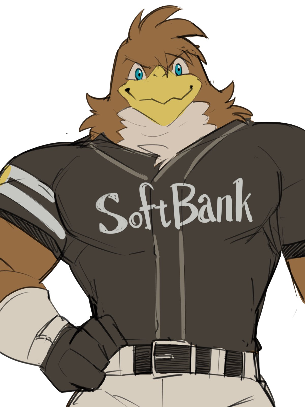 1boy, baseball_uniform, beak, belt, bird_boy, black_belt, black_gloves, black_shirt, blue_eyes, brown_feathers, english_text, feathers, fukuoka_softbank_hawks, furry, furry_male, gloves, hand_on_own_hip, herculy_hawk, highres, looking_at_viewer, male_focus, pants, shirt, smile, sportswear, tos_tos_f_ski, white_background, white_pants