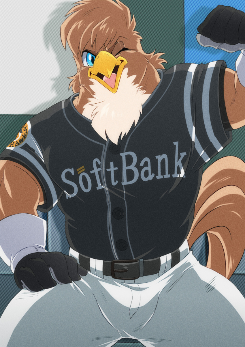 1boy, baseball_uniform, beak, bird_boy, bird_tail, black_gloves, black_shirt, blue_eyes
