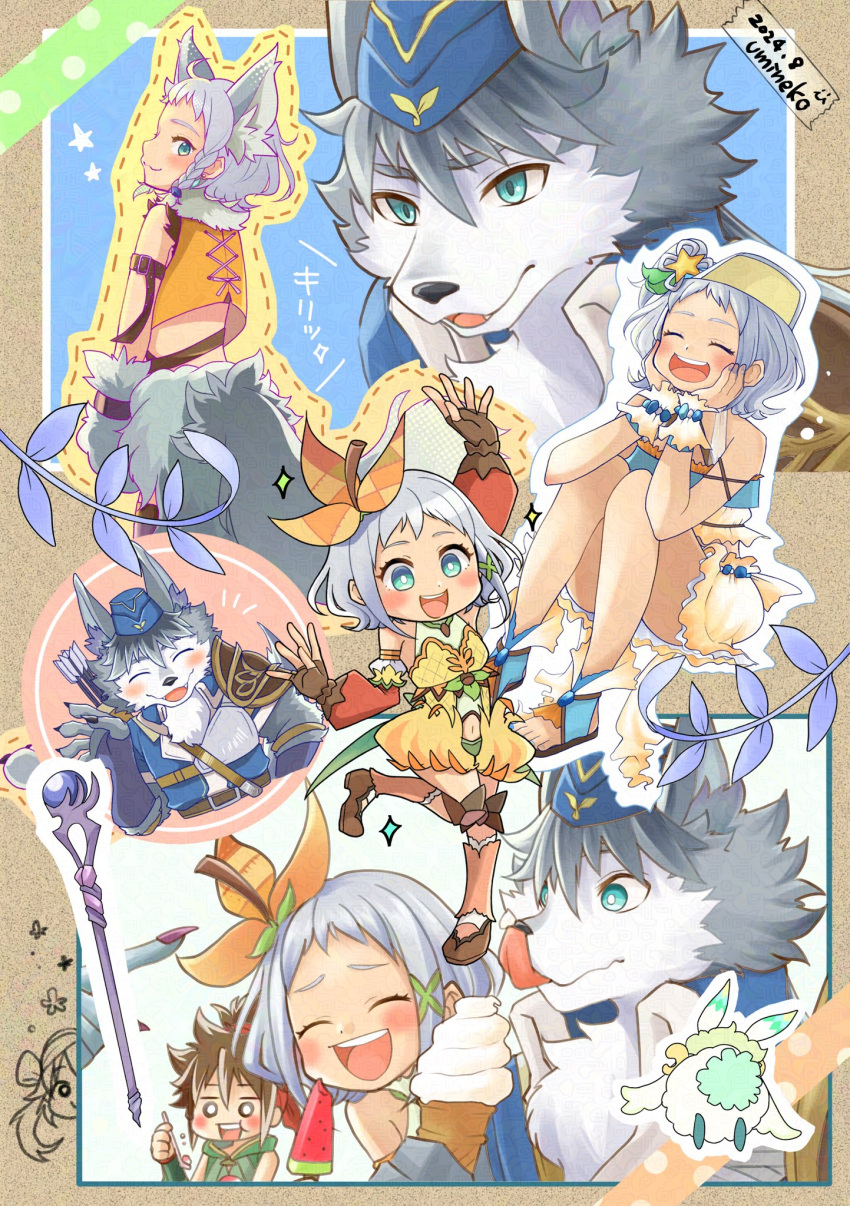 2boys, 2girls, animal_ear_fluff, animal_ears, armor, arrow_(projectile), artist_name, blainchet