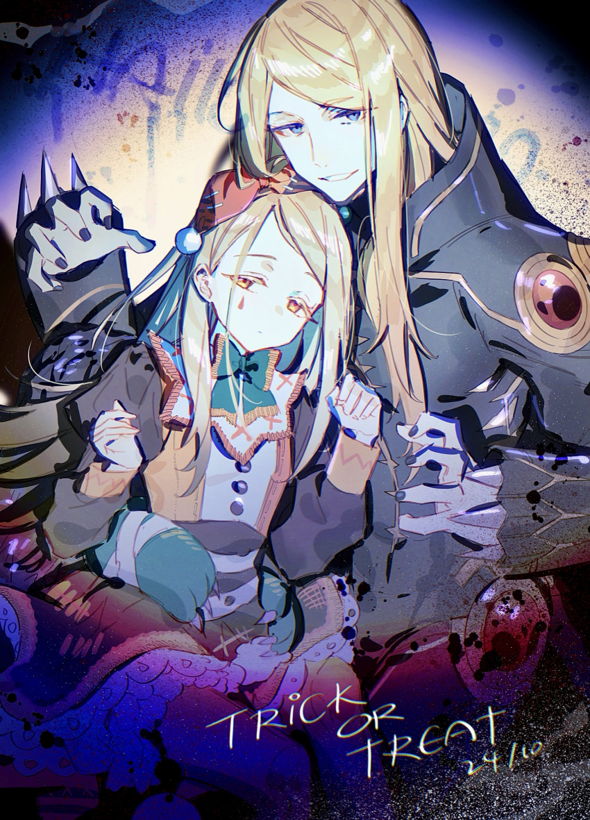 1boy, 1girl, absurdres, armor, black_armor, black_nails, blonde_hair, blue_eyes